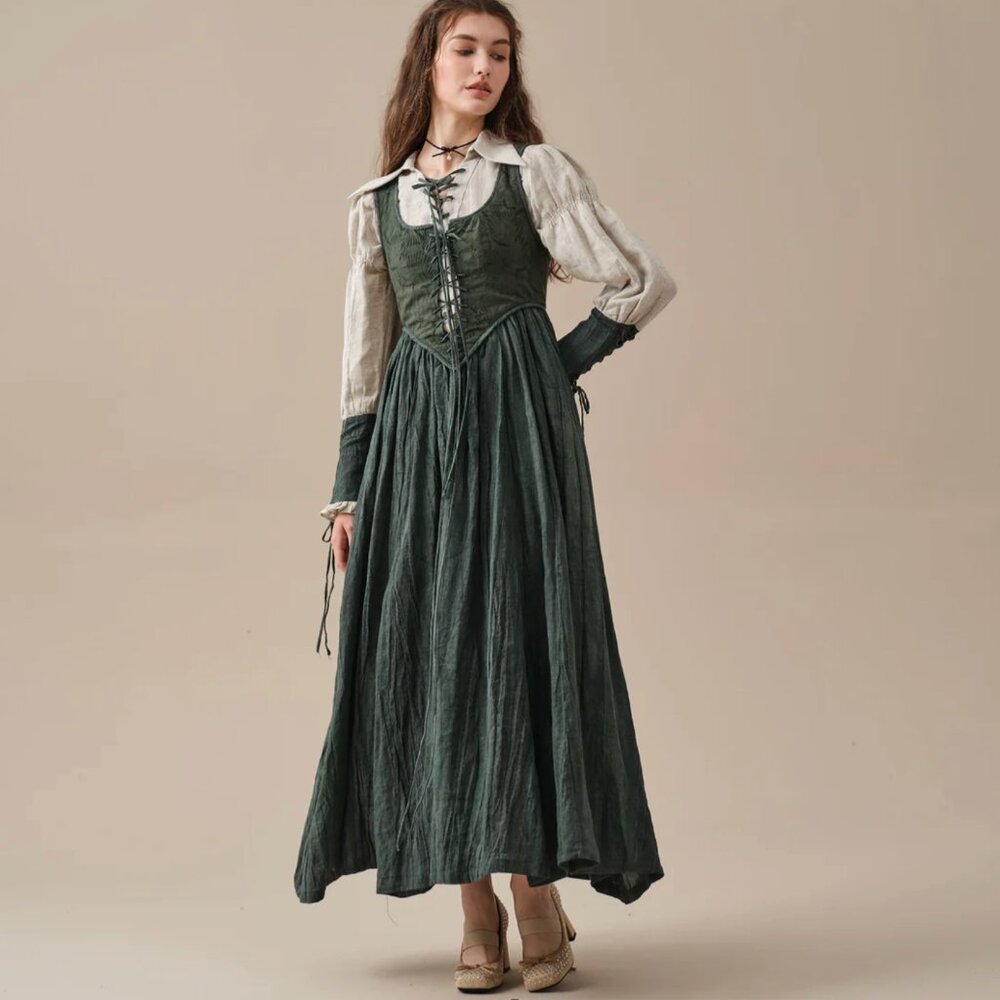 Linennaive Anis | Lace-up Jacquard Linen Corset Dress